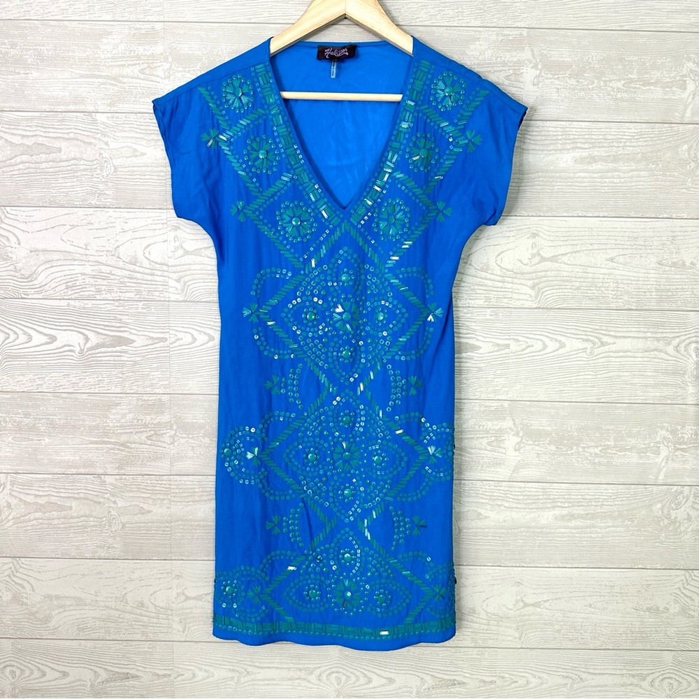Hale Bob Boho Sequin blue green Bohemian Silk Dress XS